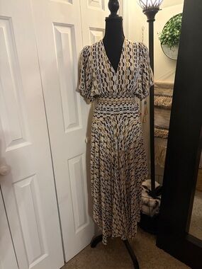 Maje Geometric Print V-Neck Smocked Waist Maxi Dress in Blue, Tan and Black